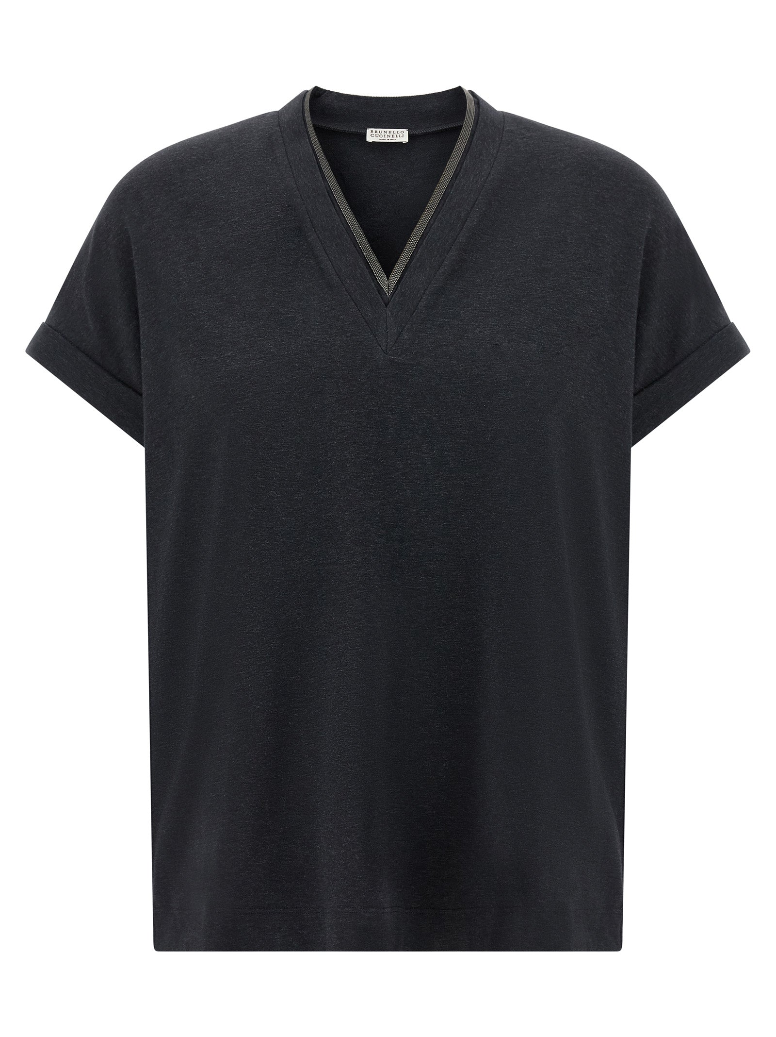 T-Shirt by Brunello Cucinelli for women in stretch cotton gray showcases a chic silhouette, artfully detailed with a chic v-neck neckline and short-sleeve for a chic finish.