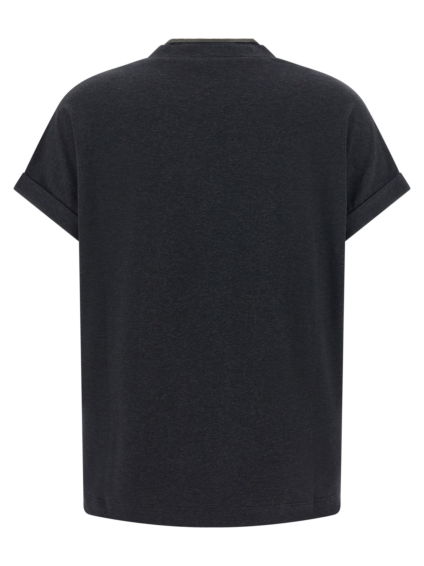 T-Shirt by Brunello Cucinelli for women in stretch cotton gray showcases a fashionable silhouette, elegantly detailed with a fashionable and v-neck neckline for a sophisticated, high-fashion look.