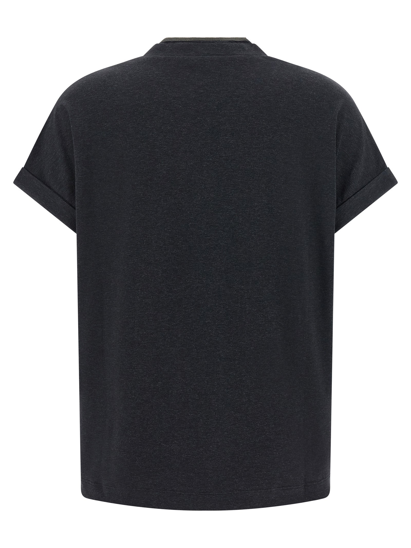 T-Shirt by Brunello Cucinelli for women in stretch cotton gray showcases a fashionable silhouette, elegantly detailed with a fashionable and v-neck neckline for a sophisticated, high-fashion look.