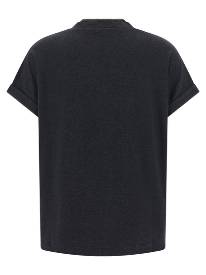 T-Shirt by Brunello Cucinelli for women in stretch cotton gray showcases a fashionable silhouette, elegantly detailed with a fashionable and v-neck neckline for a sophisticated, high-fashion look.