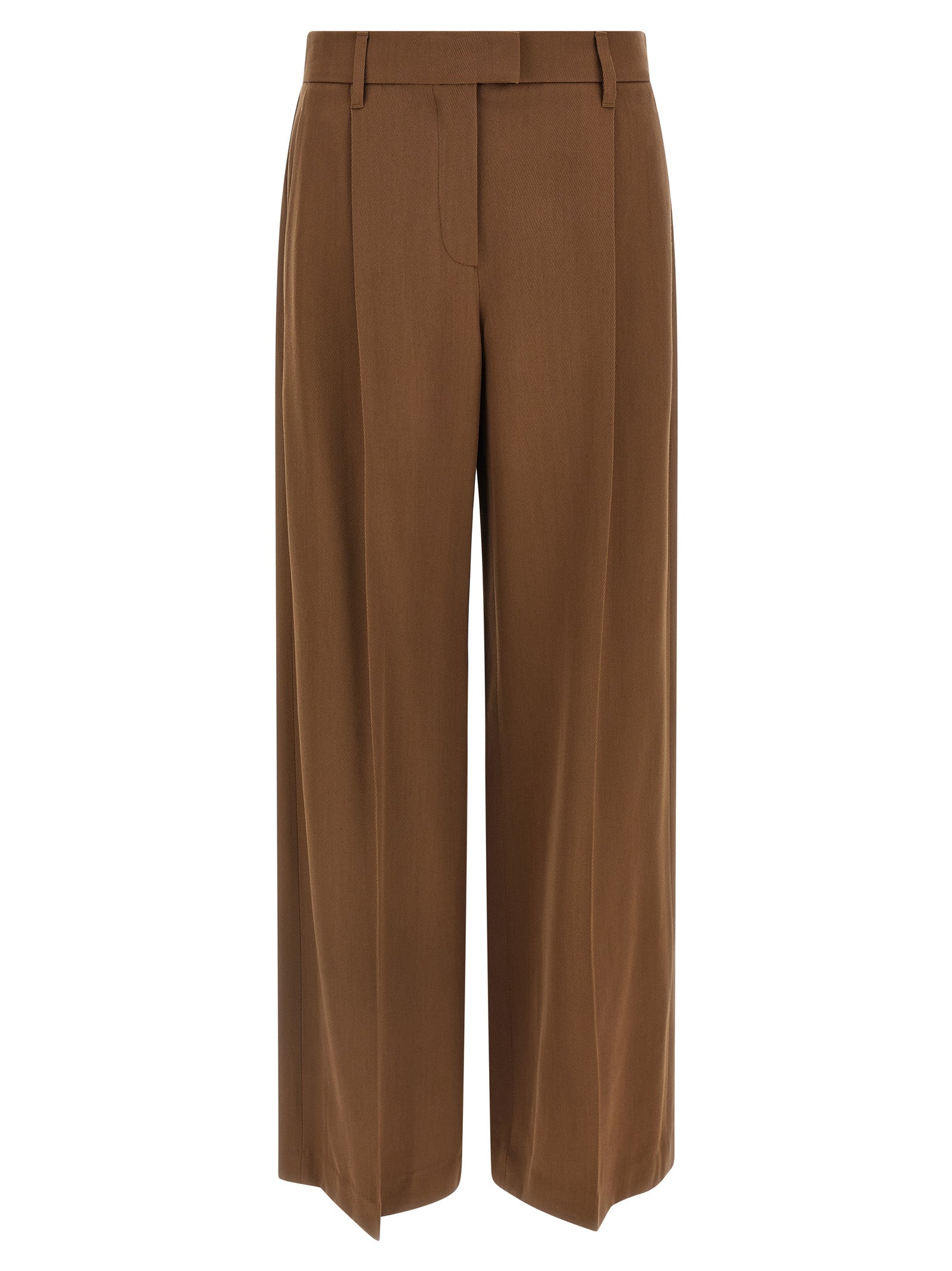 Casual Pants by Brunello Cucinelli for women in viscose & virgin wool brown & signature features an sartorial straight-leg & wide and long with a high rise cut for a sartorial finish.