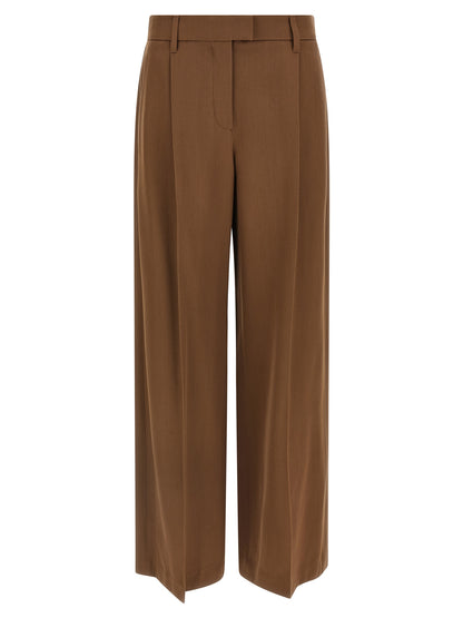 Casual Pants by Brunello Cucinelli for women in viscose & virgin wool brown & signature features an sartorial straight-leg & wide and long with a high rise cut for a sartorial finish.