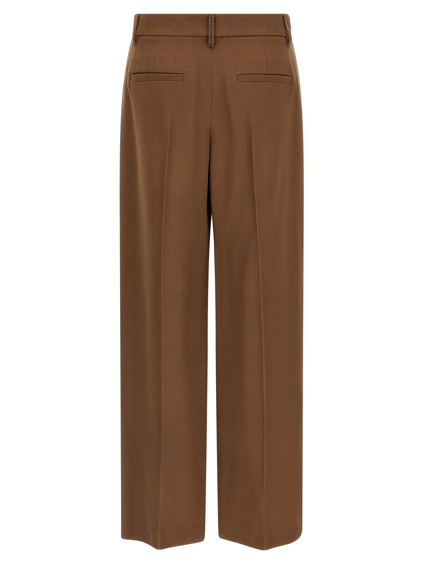 Casual Pants by Brunello Cucinelli for women in viscose & virgin wool brown & signature features a polished silhouette with a polished straight-leg & wide, reaching a polished long and finished with a polished high rise.