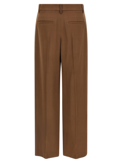 Casual Pants by Brunello Cucinelli for women in viscose & virgin wool brown & signature features a polished silhouette with a polished straight-leg & wide, reaching a polished long and finished with a polished high rise.