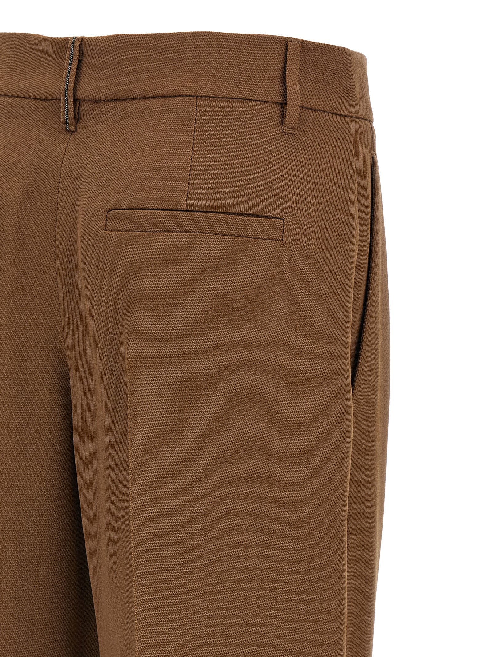 Casual Pants by Brunello Cucinelli for women in viscose & virgin wool brown & signature features an refined tailoring silhouette, showcasing a premium straight-leg & wide with a high rise and long cut for a refined tailoring look.