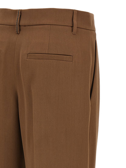 Casual Pants by Brunello Cucinelli for women in viscose & virgin wool brown & signature features an refined tailoring silhouette, showcasing a premium straight-leg & wide with a high rise and long cut for a refined tailoring look.