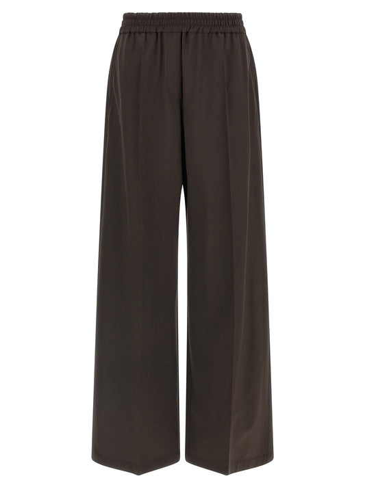 Trousers by Brunello Cucinelli for women in virgin wool & polyamide brown features a artisanal silhouette, showcasing a sophisticated straight-leg & wide with a long and for a artisanal finish.
