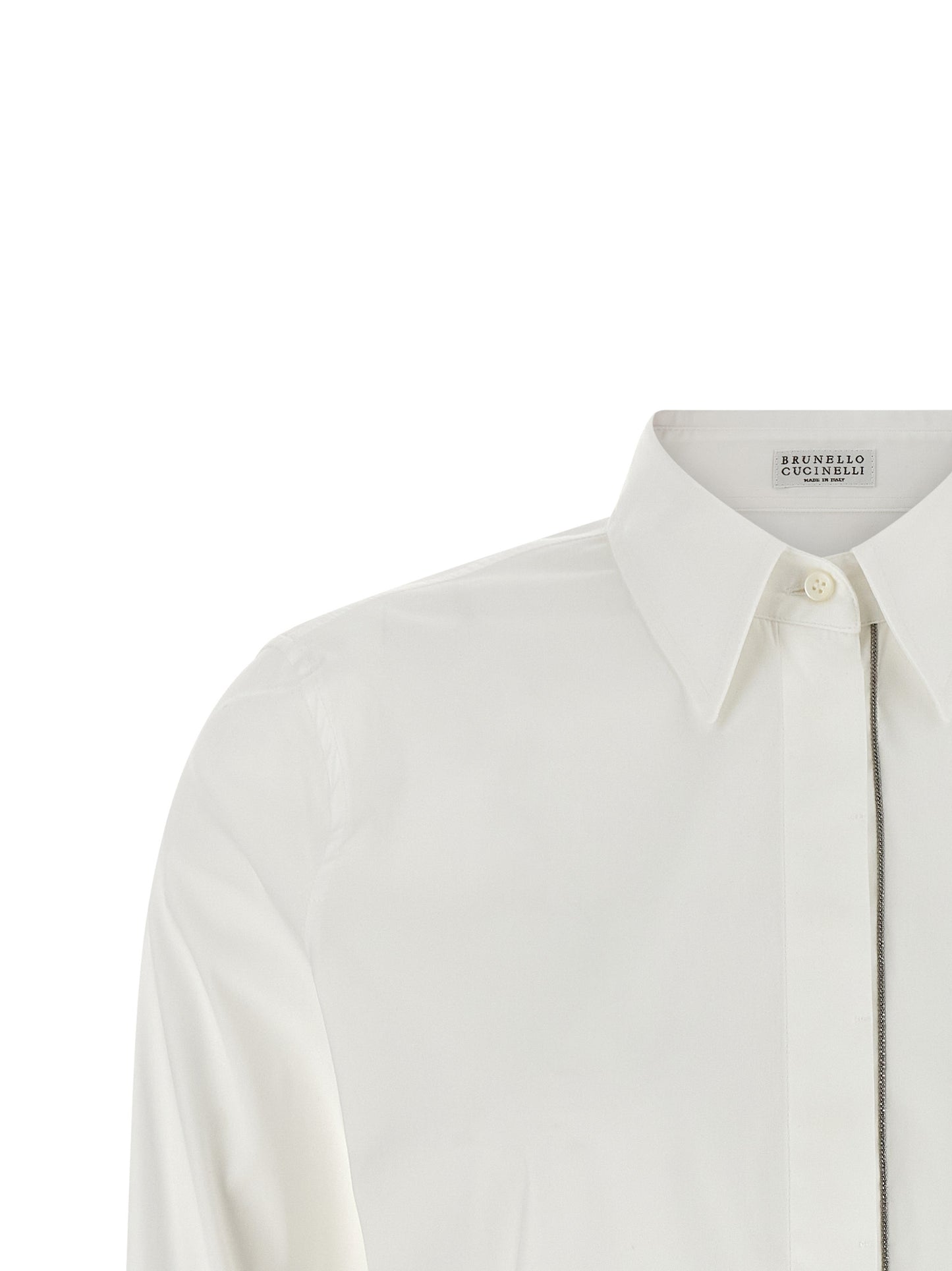 Blouse by Brunello Cucinelli for women in stretch polyamide cotton white showcases a sharp silhouette, elegantly detailed with a sharp and sharp .