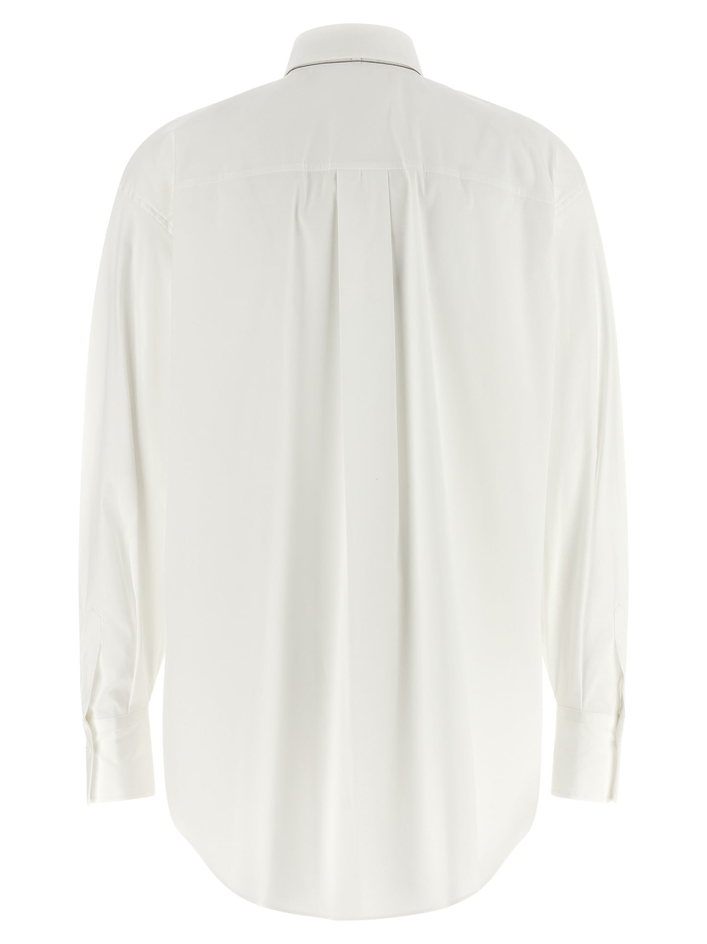 Blouse by Brunello Cucinelli for women in stretch polyamide cotton white showcases a sharp silhouette, elegantly detailed with a sharp and sharp .