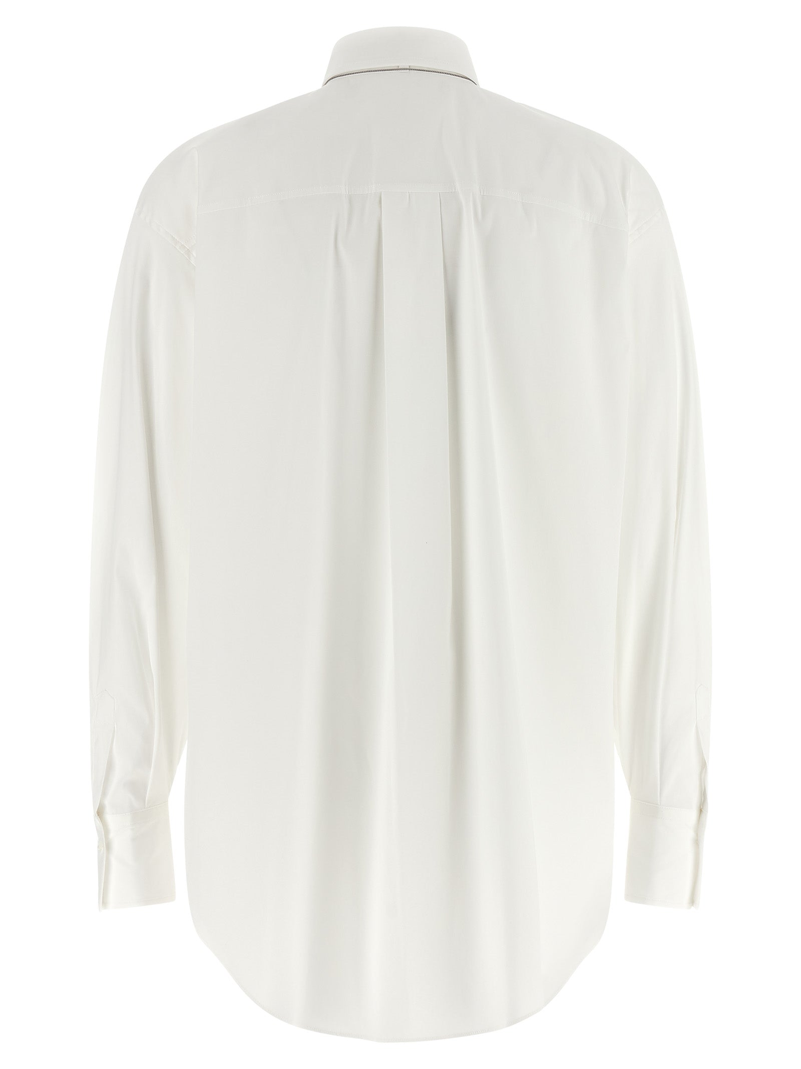 Blouse by Brunello Cucinelli for women in stretch polyamide cotton white showcases a sharp silhouette, elegantly detailed with a sharp and sharp .