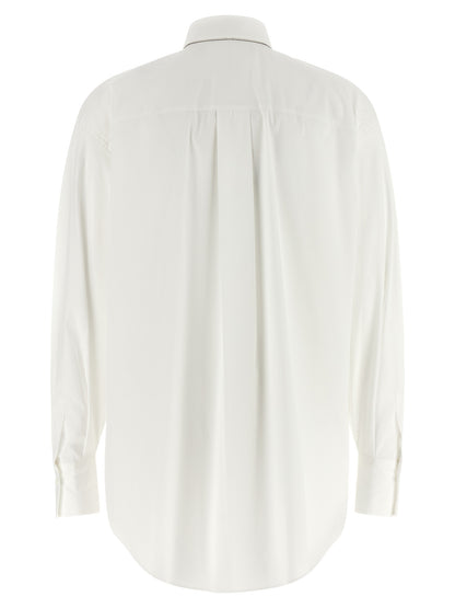 Blouse by Brunello Cucinelli for women in stretch polyamide cotton white showcases a sharp silhouette, elegantly detailed with a sharp and sharp .