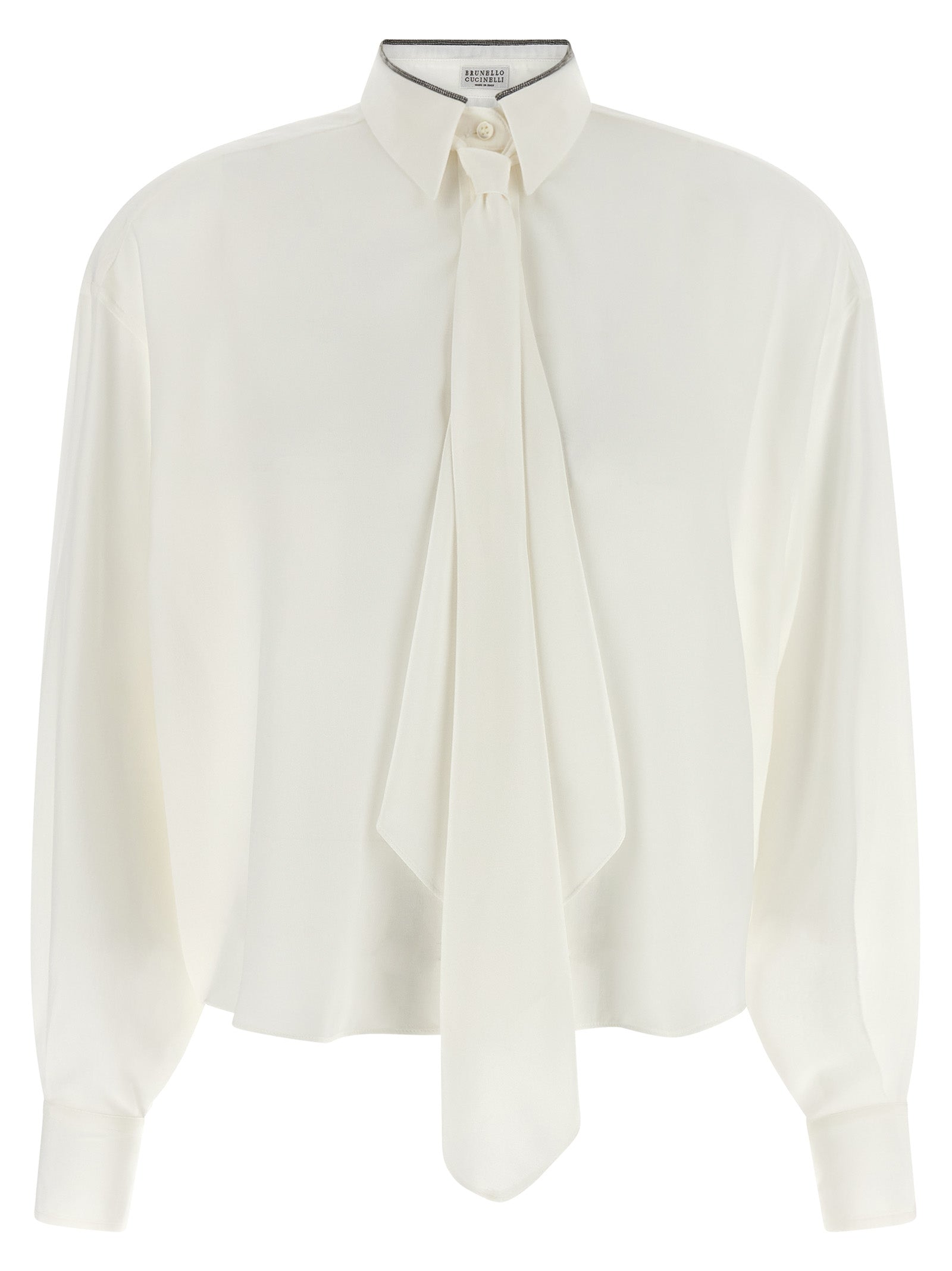 Blouse by Brunello Cucinelli for women in silk white, featuring a nuanced and nuanced asymmetric neckline for a sophisticated finish.