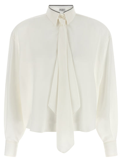 Blouse by Brunello Cucinelli for women in silk white, featuring a nuanced and nuanced asymmetric neckline for a sophisticated finish.