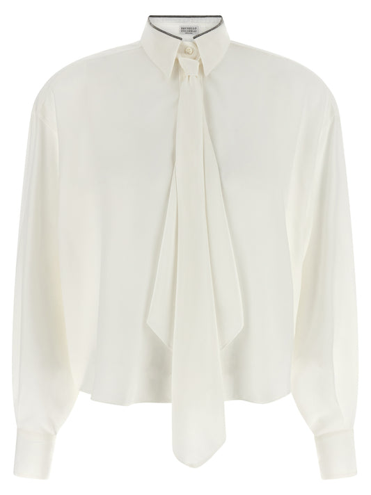 Blouse by Brunello Cucinelli for women in silk white, featuring a nuanced and nuanced asymmetric neckline for a sophisticated finish.