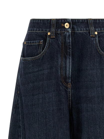 Brunello Cucinelli Monile Women's Wide High Rise Cotton Denim Jeans - Blue