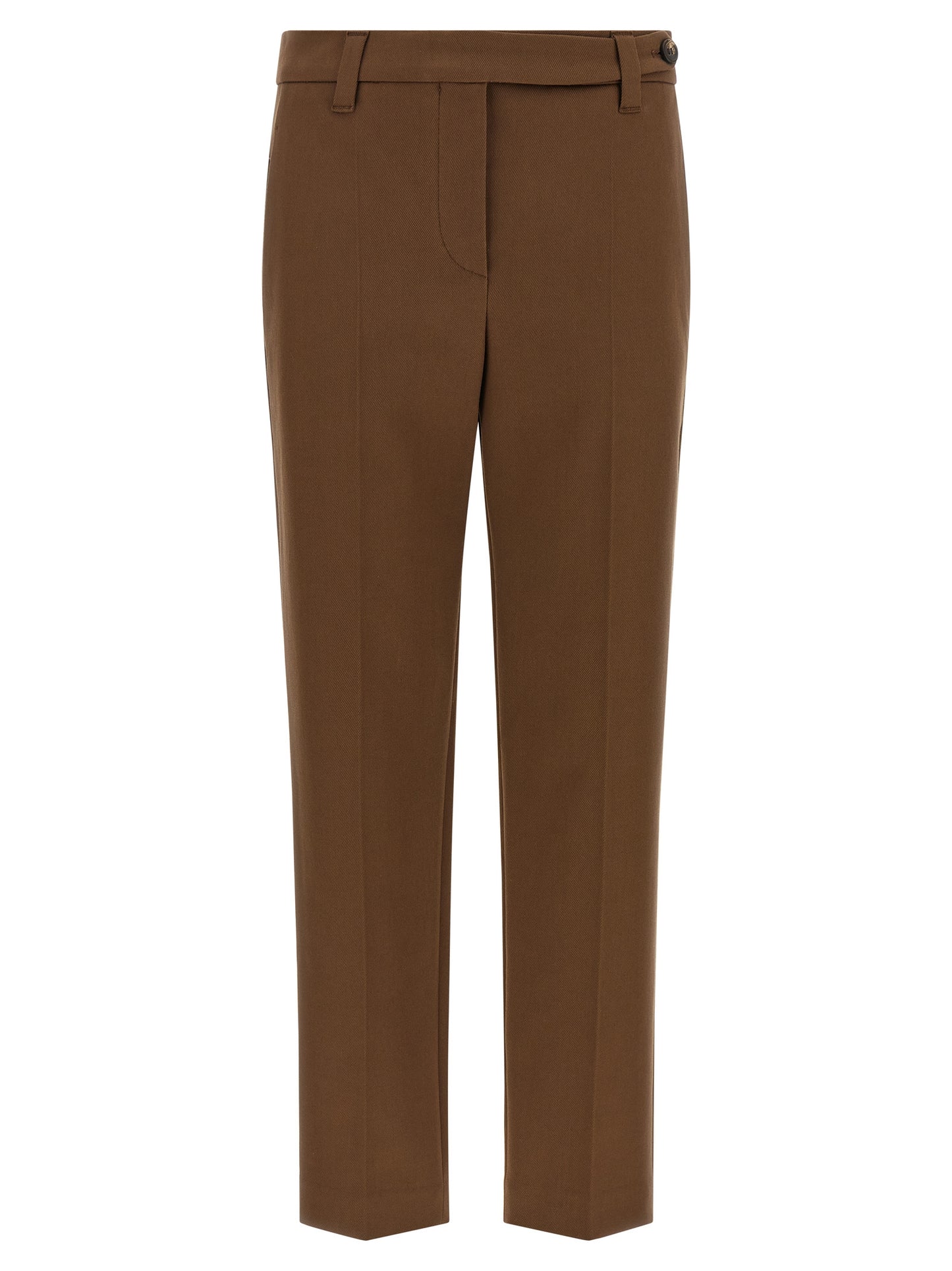 Trousers by Brunello Cucinelli for women in stretch cotton twill brown presents a smart silhouette, meticulously detailed with a smart tapered-leg & cropped, a smart cropped, and a smart .