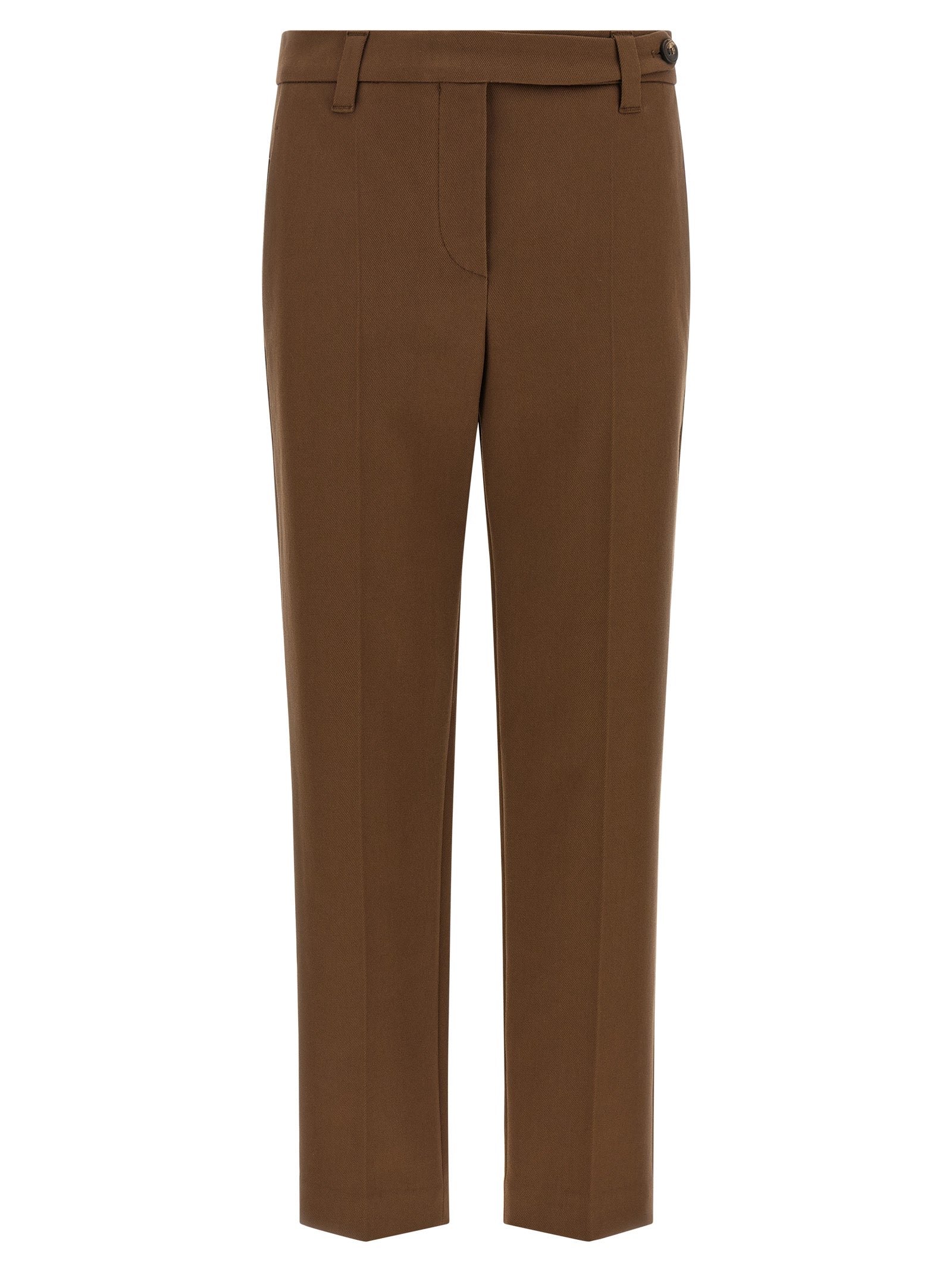 Trousers by Brunello Cucinelli for women in stretch cotton twill brown presents a smart silhouette, meticulously detailed with a smart tapered-leg & cropped, a smart cropped, and a smart .