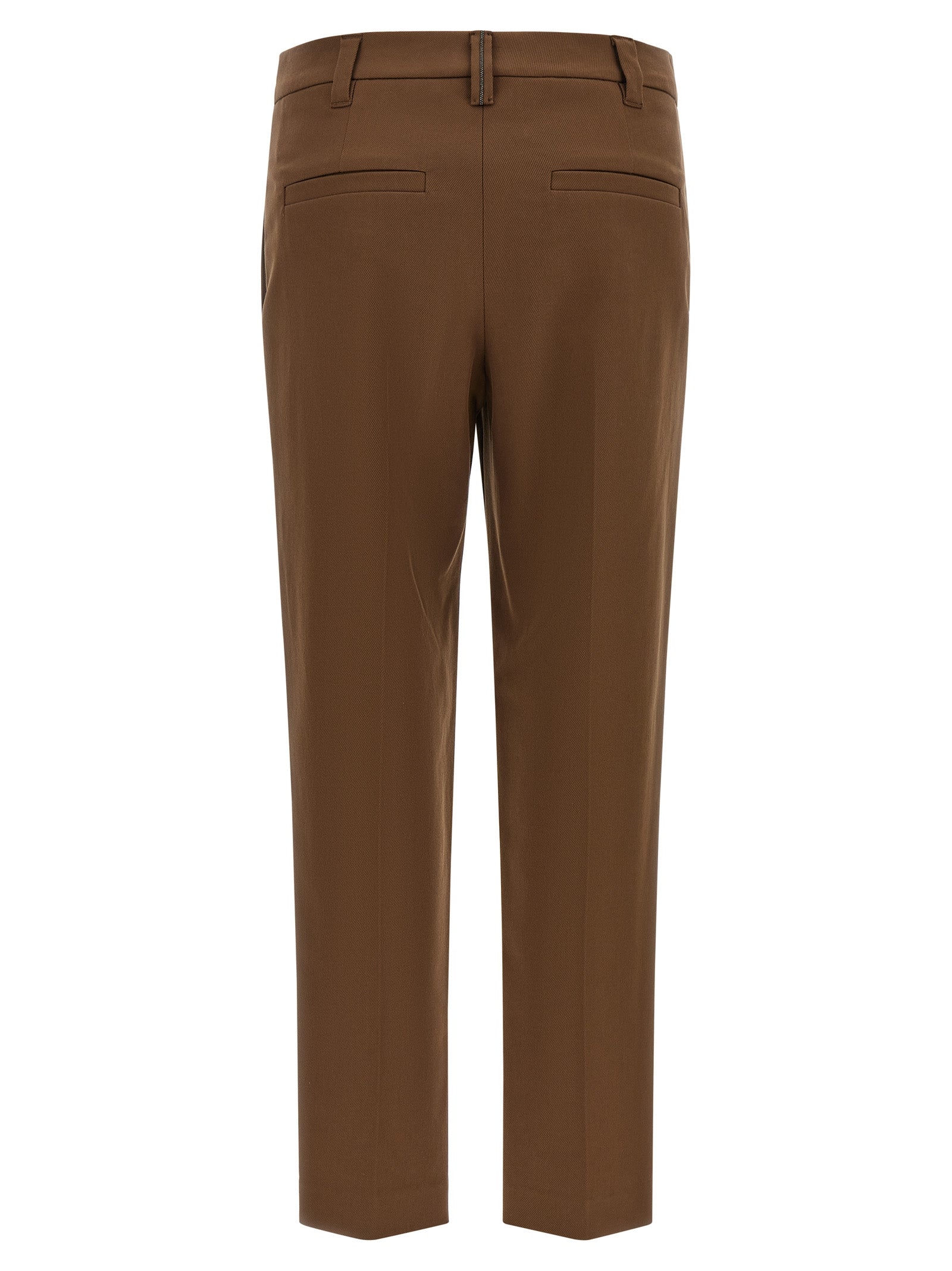 Trousers by Brunello Cucinelli for women in stretch cotton twill brown features an sartorial silhouette, showcasing a precise tapered-leg & cropped and cropped with a sartorial for a refined look.