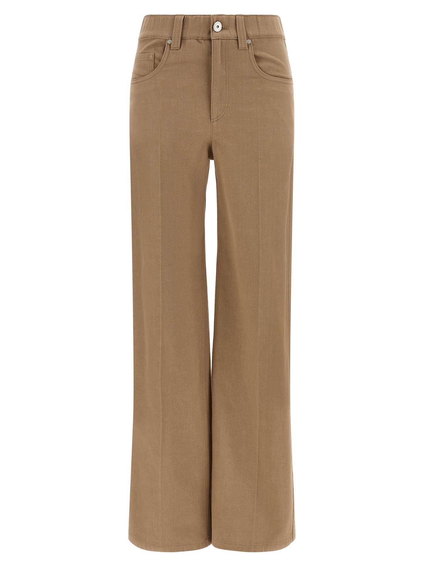 Jeans by Brunello Cucinelli for women in denim cotton beige & signature features a polished silhouette with a polished straight-leg & wide, reaching a polished long and finished with a polished .