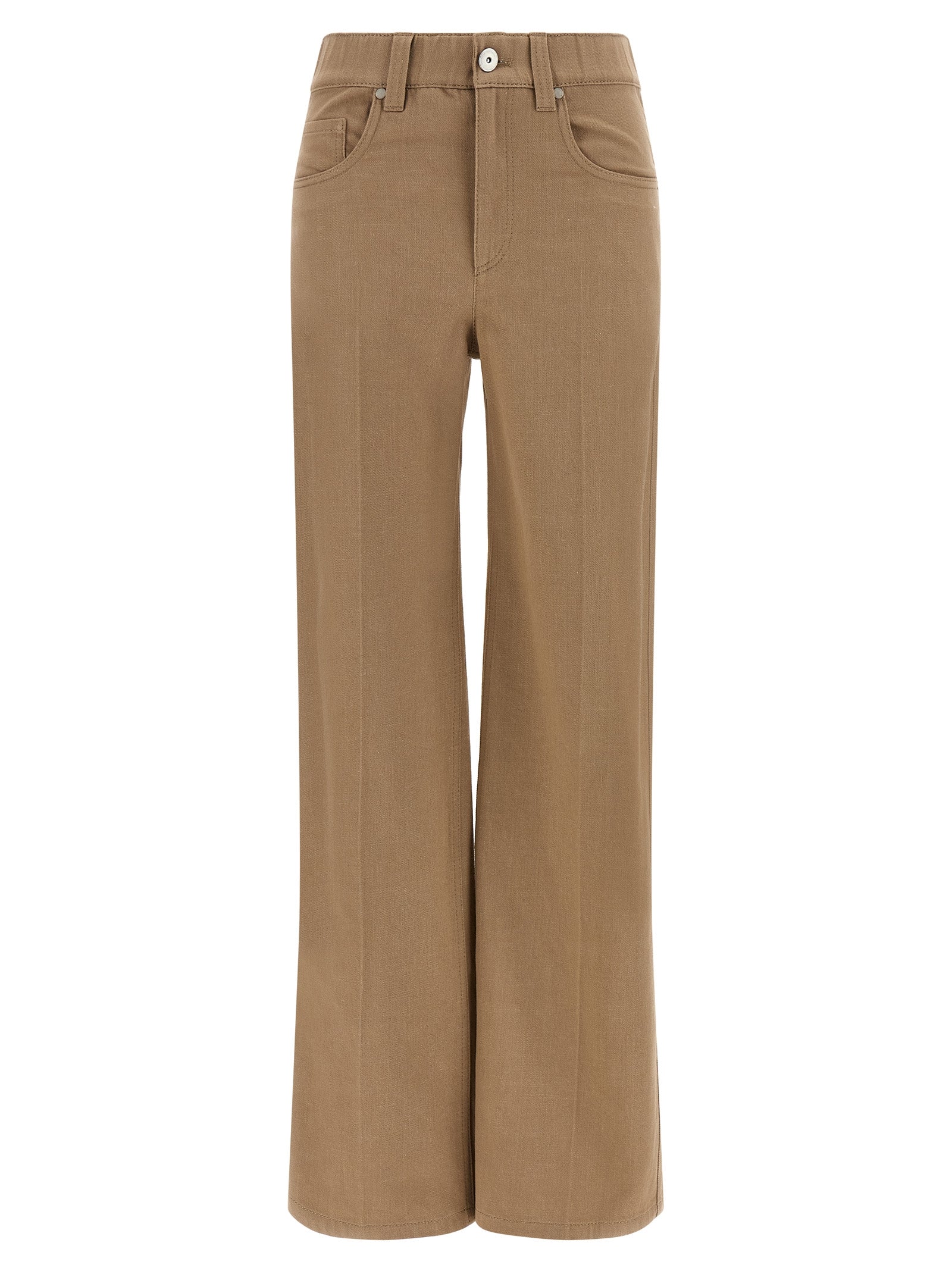 Jeans by Brunello Cucinelli for women in denim cotton beige & signature features a polished silhouette with a polished straight-leg & wide, reaching a polished long and finished with a polished .