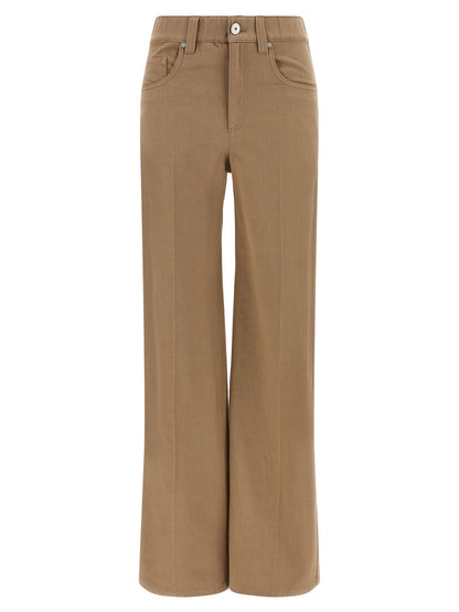 Jeans by Brunello Cucinelli for women in denim cotton beige & signature features a polished silhouette with a polished straight-leg & wide, reaching a polished long and finished with a polished .