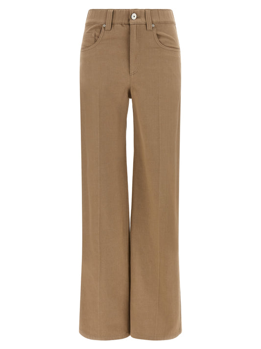 Jeans by Brunello Cucinelli for women in denim cotton beige & signature features a polished silhouette with a polished straight-leg & wide, reaching a polished long and finished with a polished .