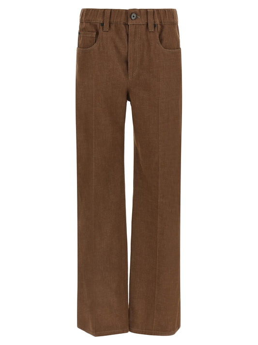 Brunello Cucinelli Monile Women's Straight Leg Wide Denim Cotton Jeans - Brown