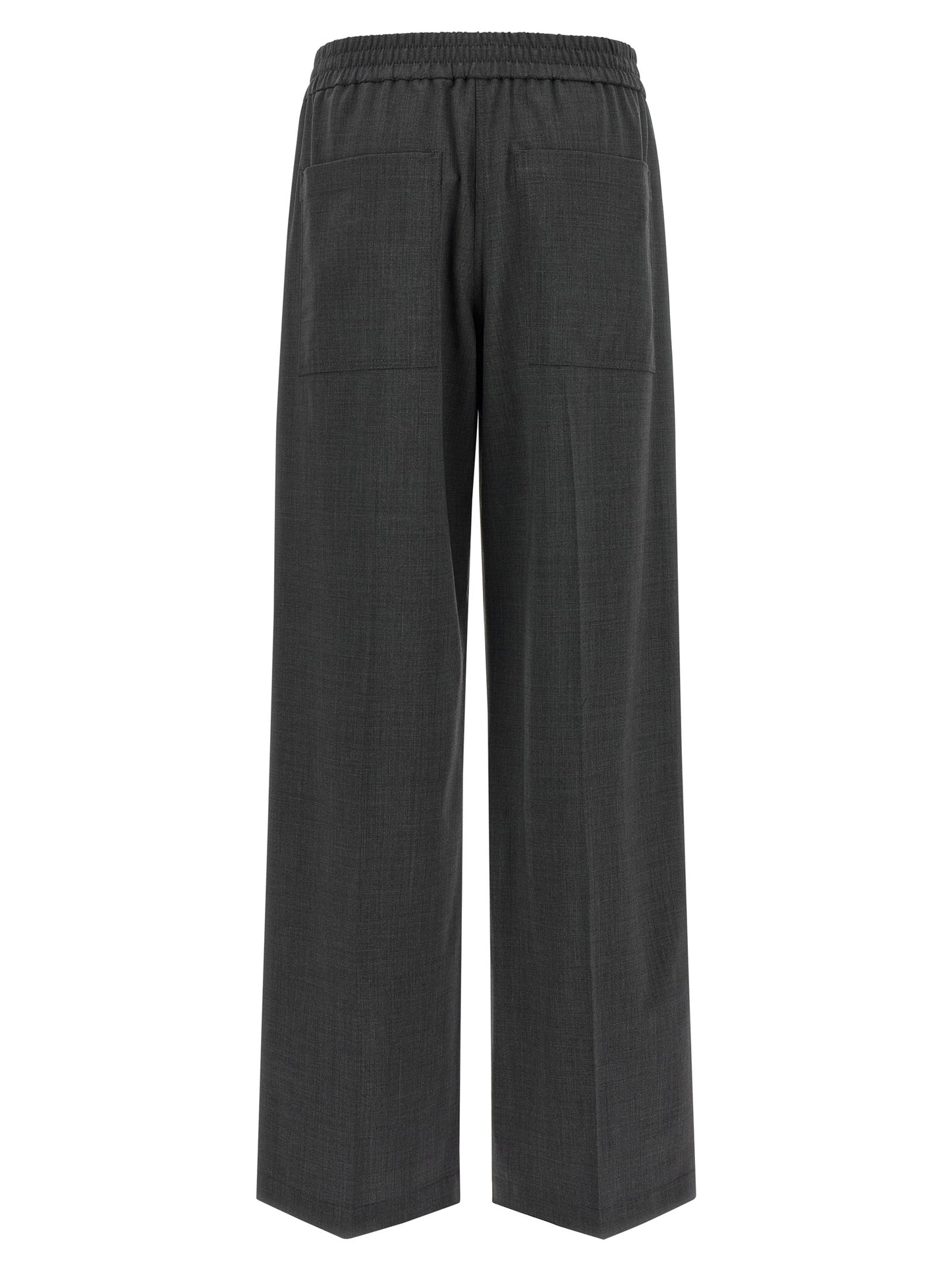 Trousers by Brunello Cucinelli for women in virgin wool & polyamide gray presents a perennial silhouette, meticulously tailored with a flared & wide cut, long finish, and an elegant .