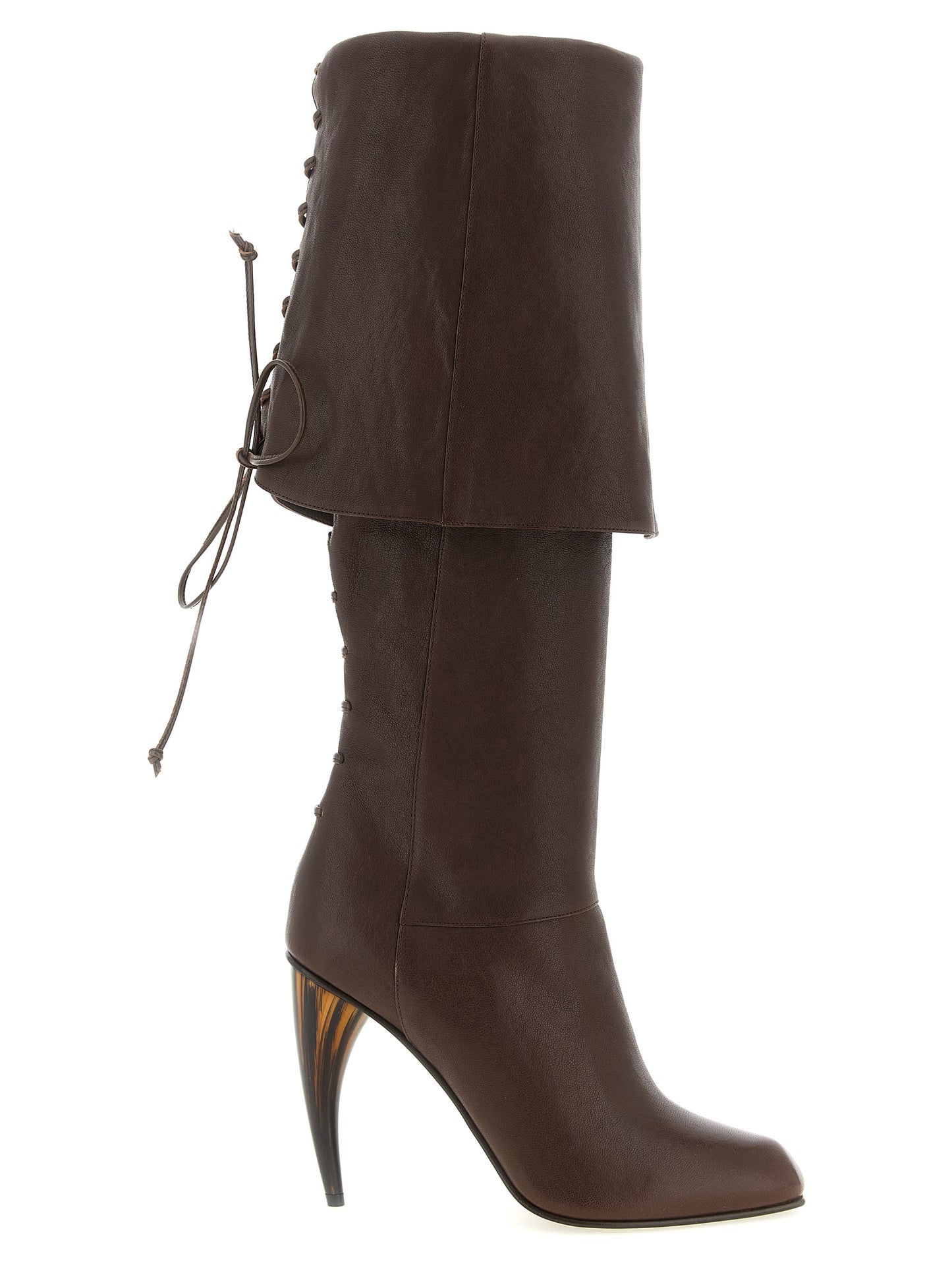 Over-The-Knee Boots by Alexander McQueen for women in nappa lamb leather brown & horn showcases a ergonomic silhouette from the Women's Nappa Lamb Leather Over-The-Knee Boots collection, featuring a ergonomic and a ergonomic square toe style.