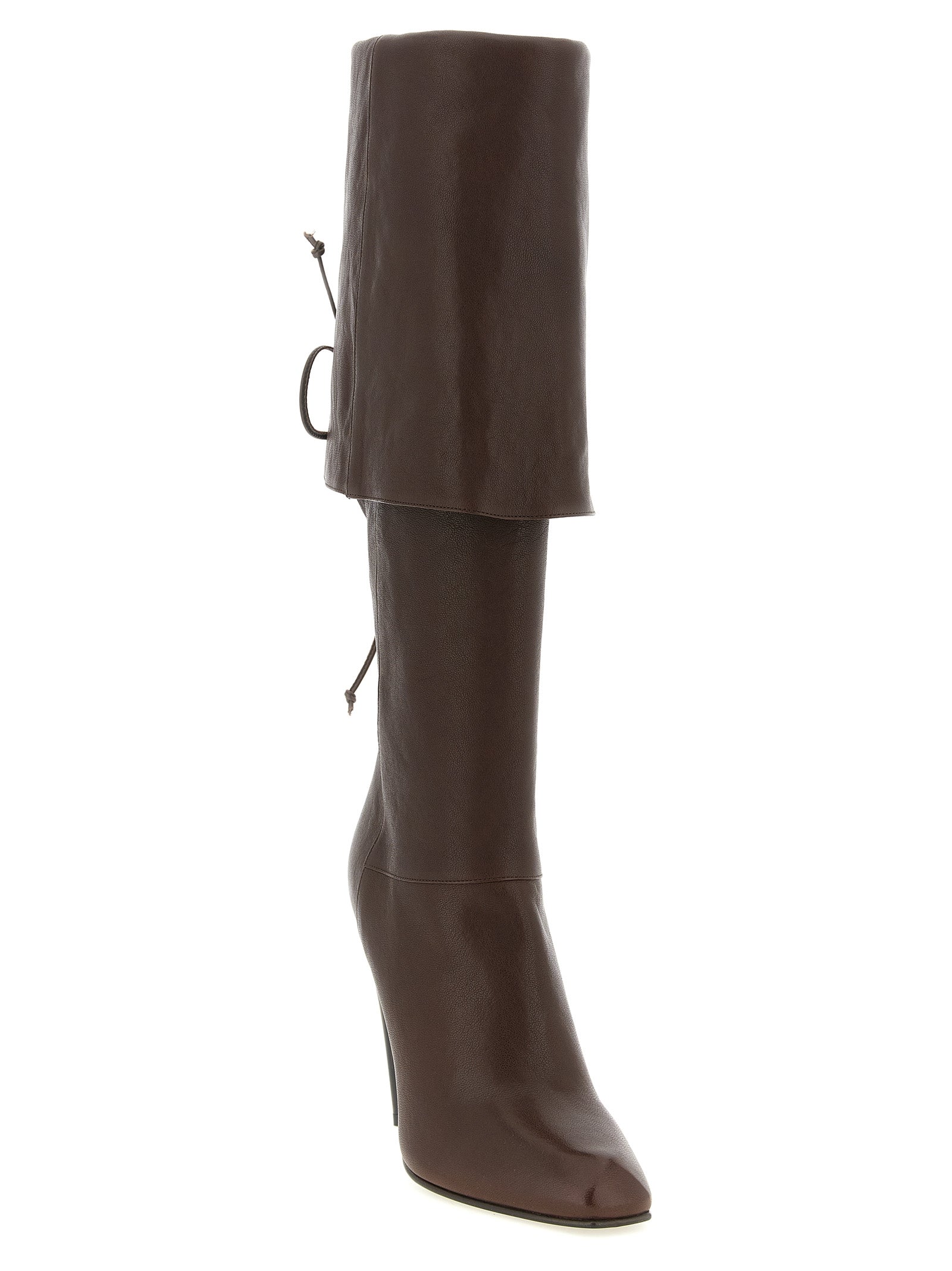 Over-The-Knee Boots by Alexander McQueen for women in nappa lamb leather brown & horn features an effortless chic silhouette from the Women's Nappa Lamb Leather Over-The-Knee Boots collection, showcasing a effortless chic and refined square toe style for an effortless chic look.