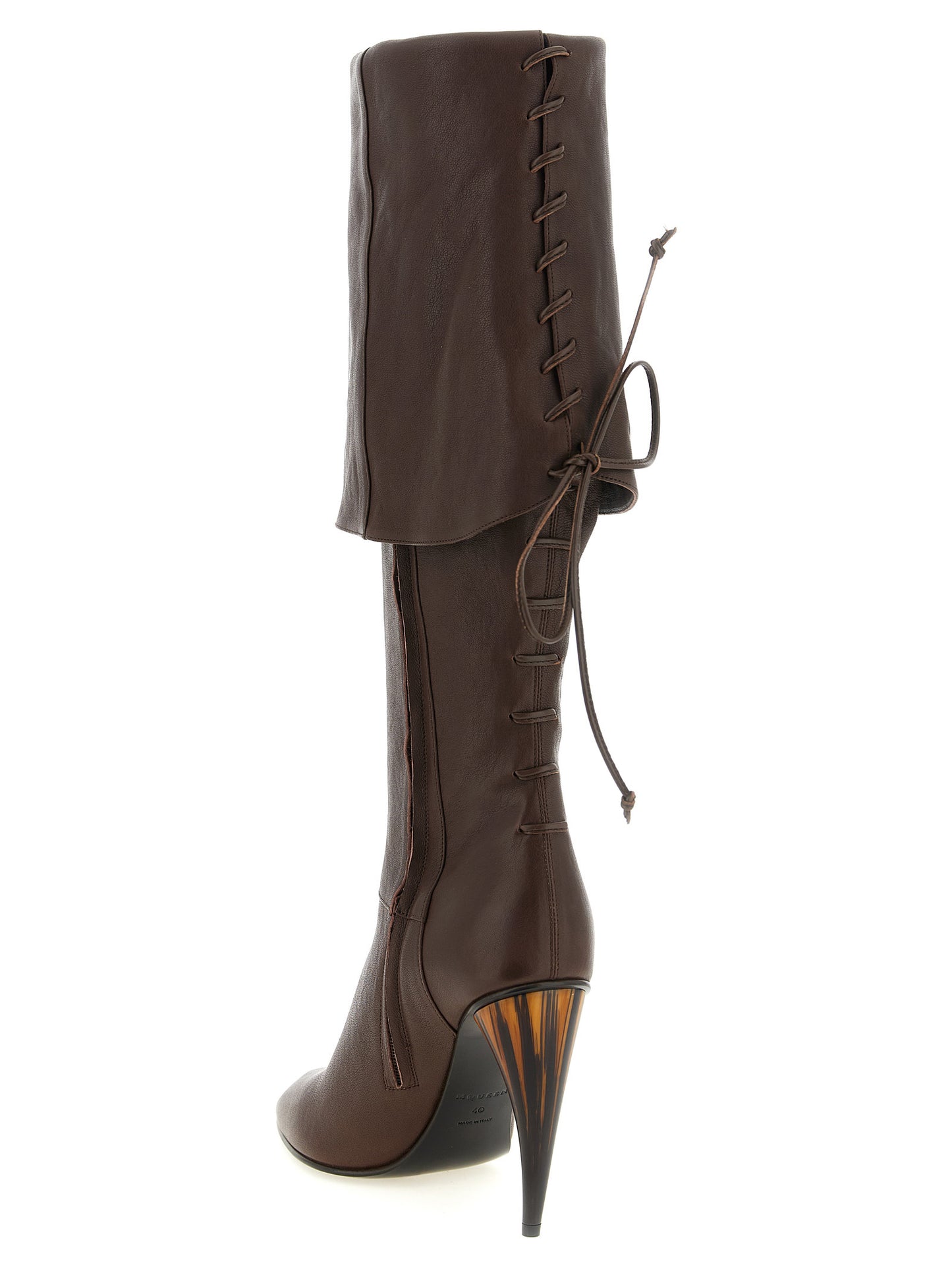 Over-The-Knee Boots by Alexander McQueen for women in nappa lamb leather brown & horn showcases a impeccable silhouette as Women's Nappa Lamb Leather Over-The-Knee Boots, artfully defined by a impeccable and a impeccable square toe style.