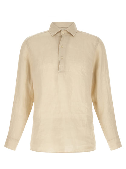 Polo Shirt by MC2 Saint Barth for men in linen beige showcases a sharp silhouette, detailed with a refined and sharp for a sophisticated finish.