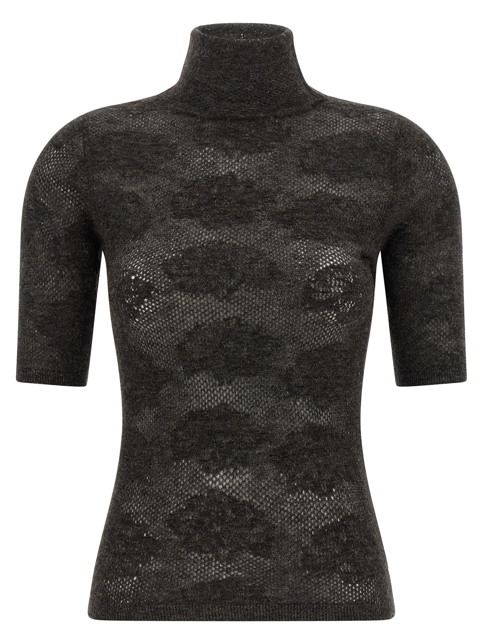Cardigan by Brunello Cucinelli for women in plush alpaca wool & silk brown features a dramatic silhouette, showcasing a sophisticated high-neck neckline and dramatic short-sleeve detail for a timeless, premium look.