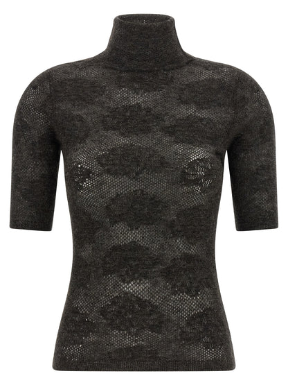 Cardigan by Brunello Cucinelli for women in plush alpaca wool & silk brown features a dramatic silhouette, showcasing a sophisticated high-neck neckline and dramatic short-sleeve detail for a timeless, premium look.