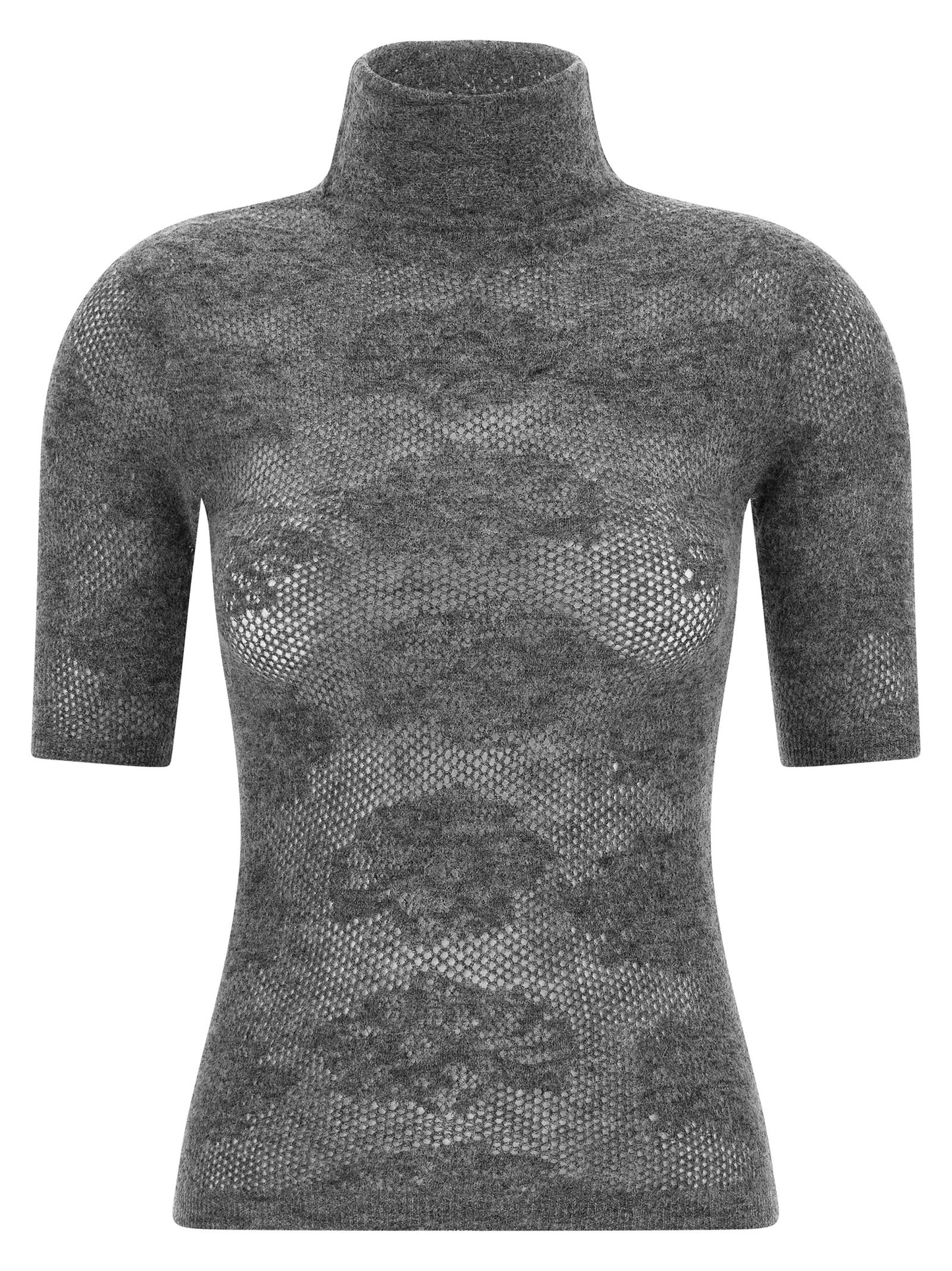 Cardigan by Brunello Cucinelli for women in silk & alpaca wool gray features a nuanced silhouette with a refined high-neck neckline and nuanced short-sleeve detailing for a sophisticated look.