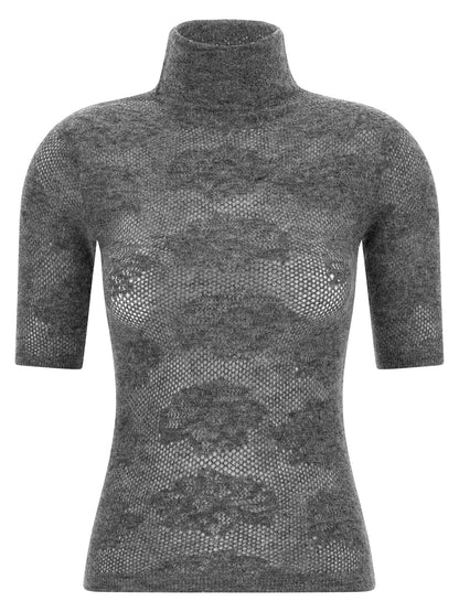 Cardigan by Brunello Cucinelli for women in silk & alpaca wool gray features a nuanced silhouette with a refined high-neck neckline and nuanced short-sleeve detailing for a sophisticated look.