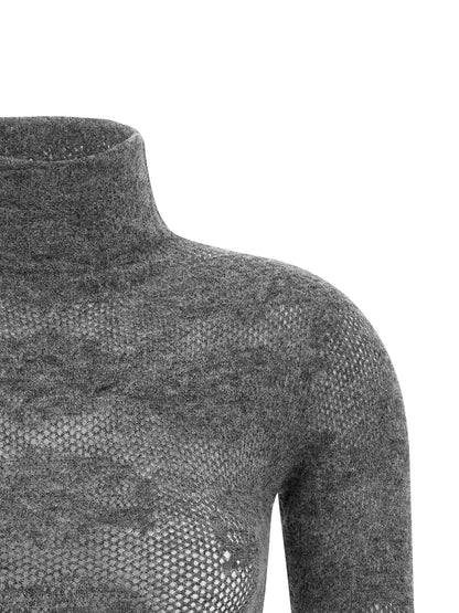 Cardigan by Brunello Cucinelli for women in silk & alpaca wool gray features a nuanced silhouette with a refined high-neck neckline and nuanced detailing for a sophisticated look.