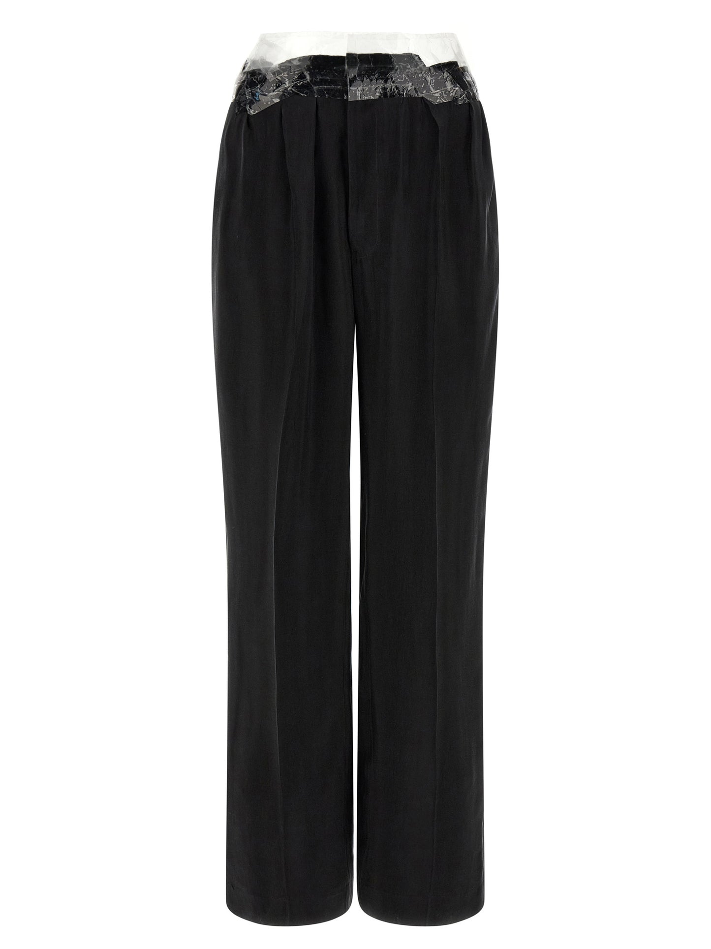 Casual Pants by Maison Margiela for women in cupro & copper black, copper, transparent & signature features a polished silhouette with a polished straight-leg & wide, reaching a polished long and finished with a polished .