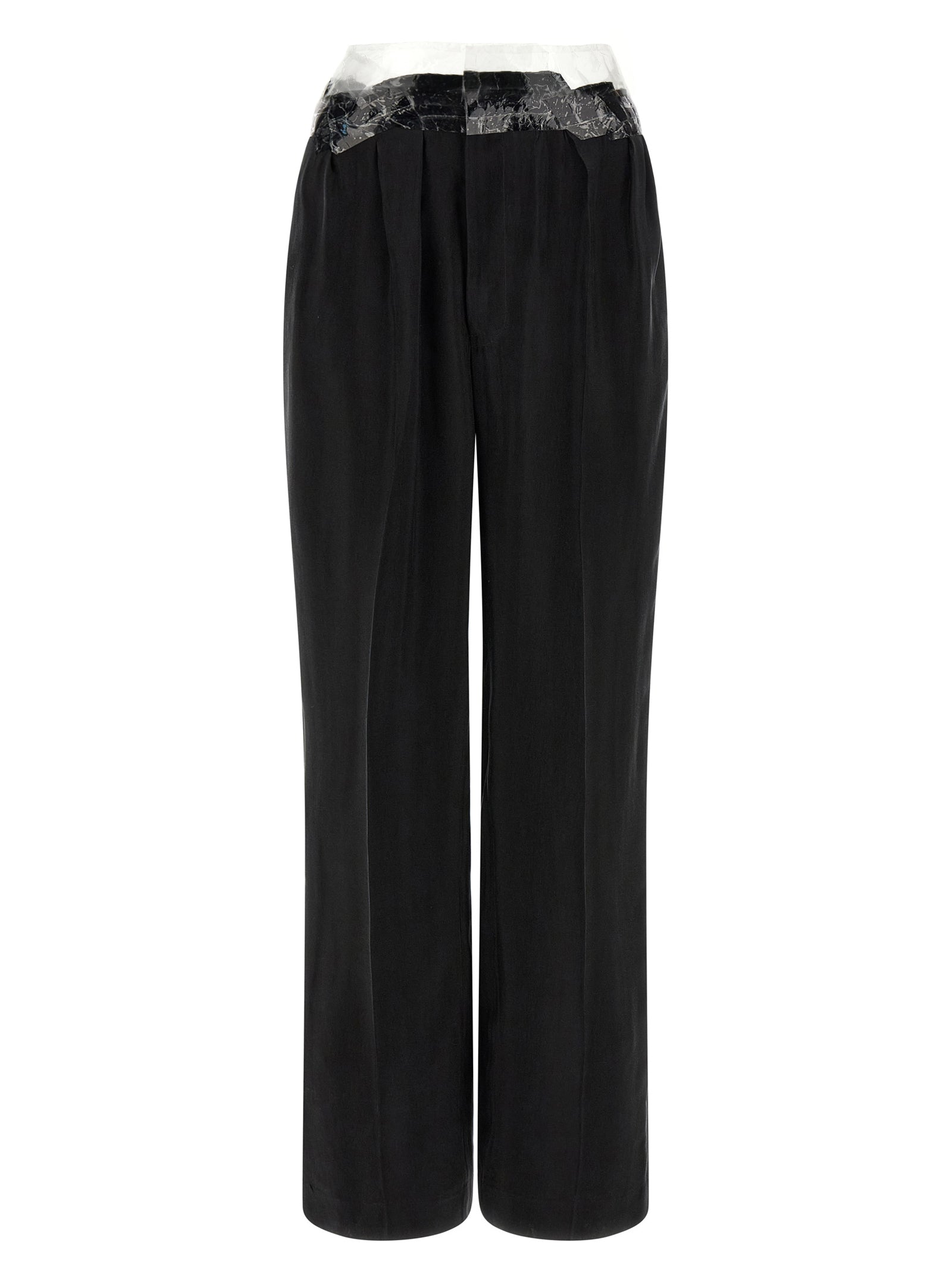 Casual Pants by Maison Margiela for women in cupro & copper black, copper, transparent & signature features a polished silhouette with a polished straight-leg & wide, reaching a polished long and finished with a polished .