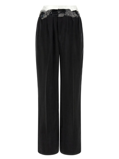 Casual Pants by Maison Margiela for women in cupro & copper black, copper, transparent & signature features a polished silhouette with a polished straight-leg & wide, reaching a polished long and finished with a polished .