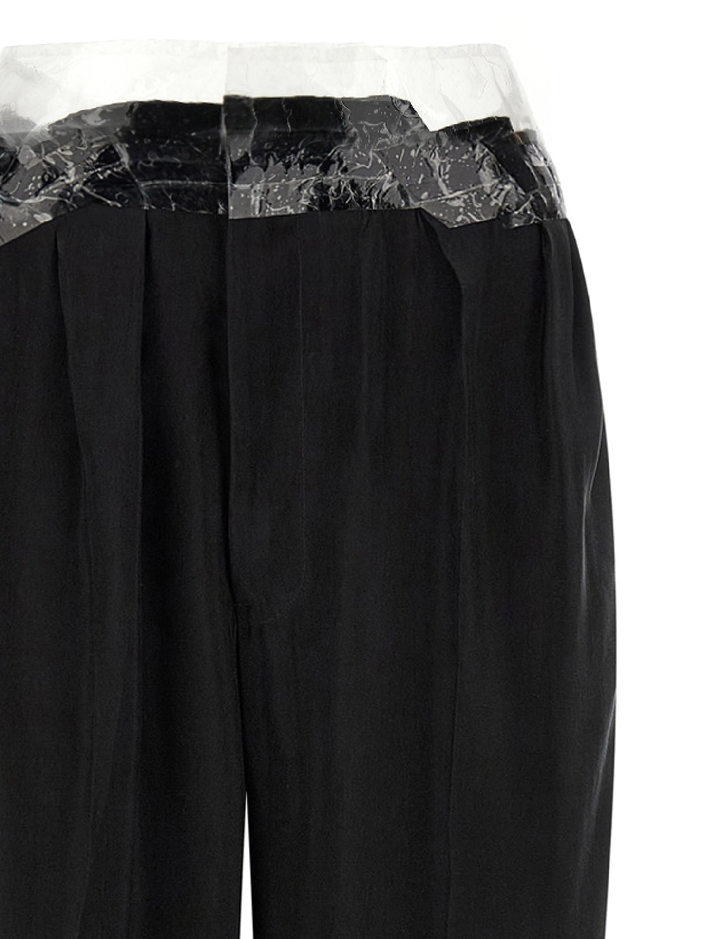 Casual Pants by Maison Margiela for women in cupro & copper black, copper, transparent & signature presents a tailored silhouette, showcasing a tailored straight-leg & wide and long cut with a refined for a truly tailored aesthetic.