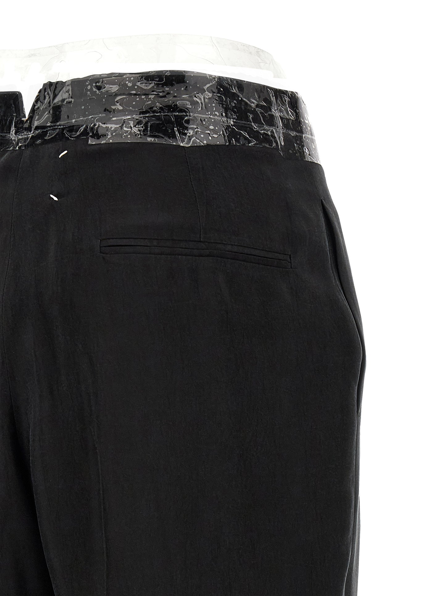 Casual Pants by Maison Margiela for women in cupro & copper black, copper, transparent & signature features a polished silhouette with a polished straight-leg & wide, reaching a polished long and finished with a polished .