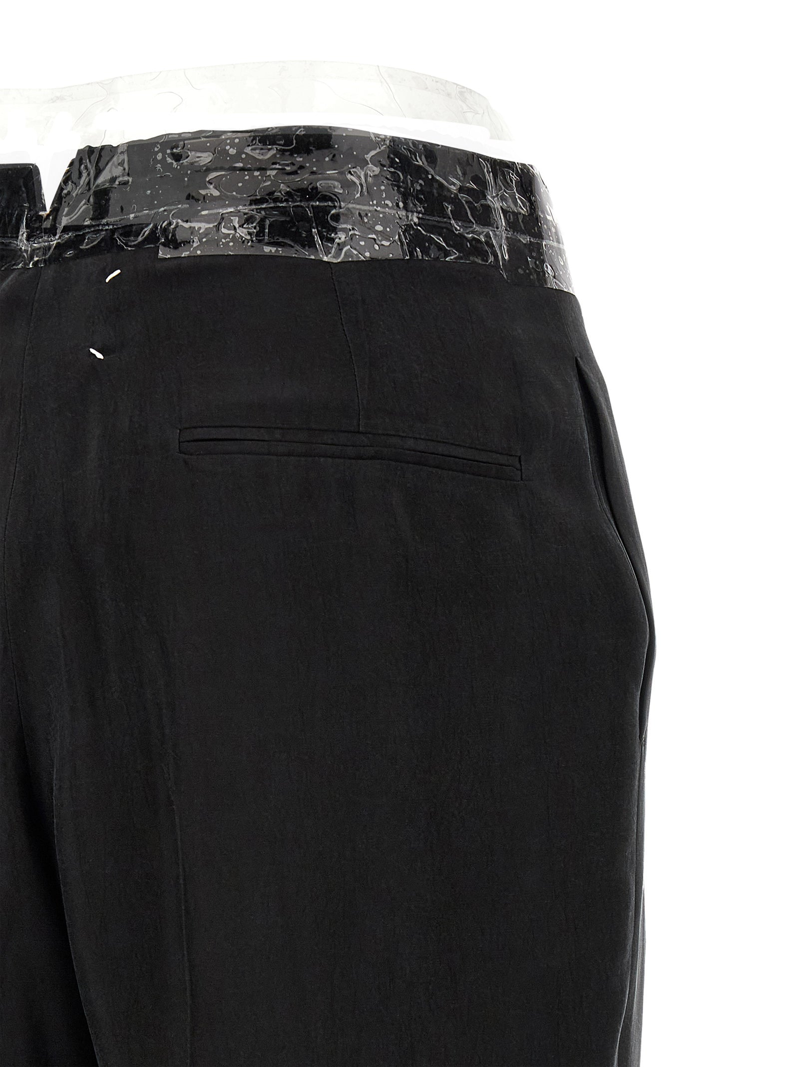 Casual Pants by Maison Margiela for women in cupro & copper black, copper, transparent & signature features a polished silhouette with a polished straight-leg & wide, reaching a polished long and finished with a polished .