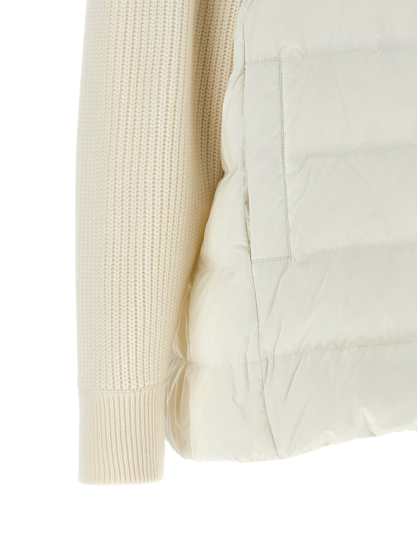 Hooded Puffer Jacket by Brunello Cucinelli for women in virgin cashmere wool & leather white showcases a bohemian silhouette, artfully detailed with a bohemian and signature pockets, hooded & insulated for a truly bohemian finish.