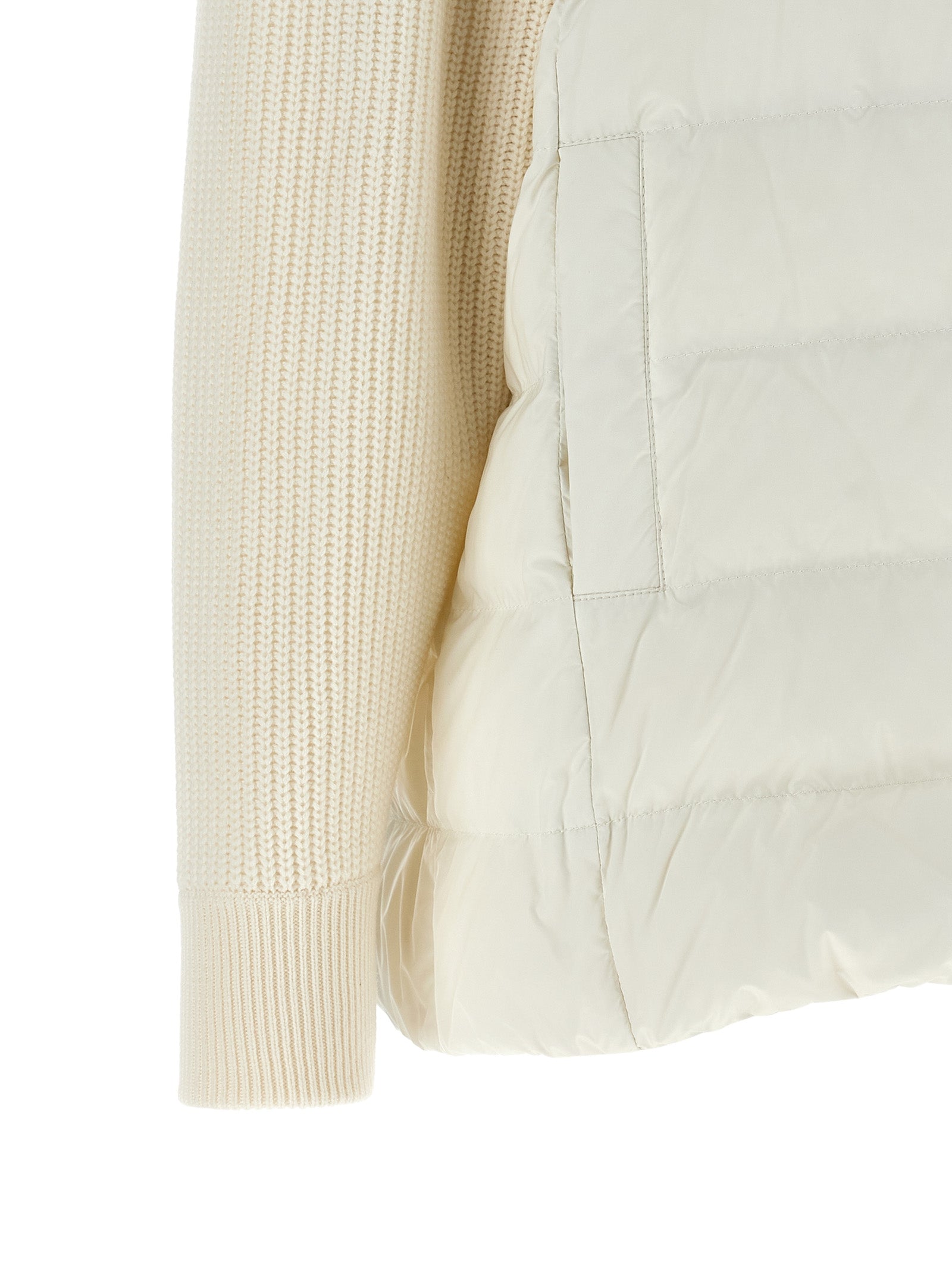 Hooded Puffer Jacket by Brunello Cucinelli for women in virgin cashmere wool & leather white showcases a bohemian silhouette, artfully detailed with a bohemian and signature pockets, hooded & insulated for a truly bohemian finish.