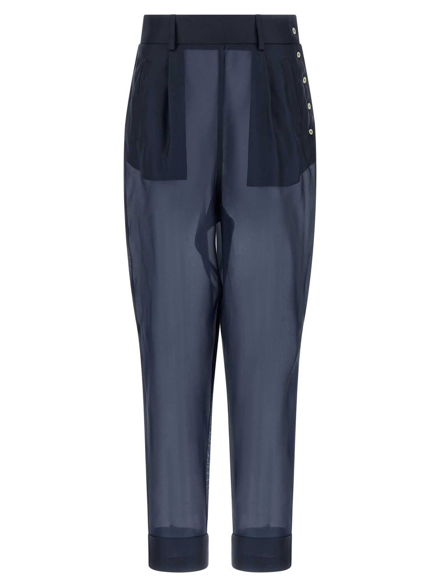 Trousers by MAISON JEJIA for women in silk blue, pearl & transparent features an sartorial silhouette, showcasing a precise and long with a sartorial high rise for a refined look.