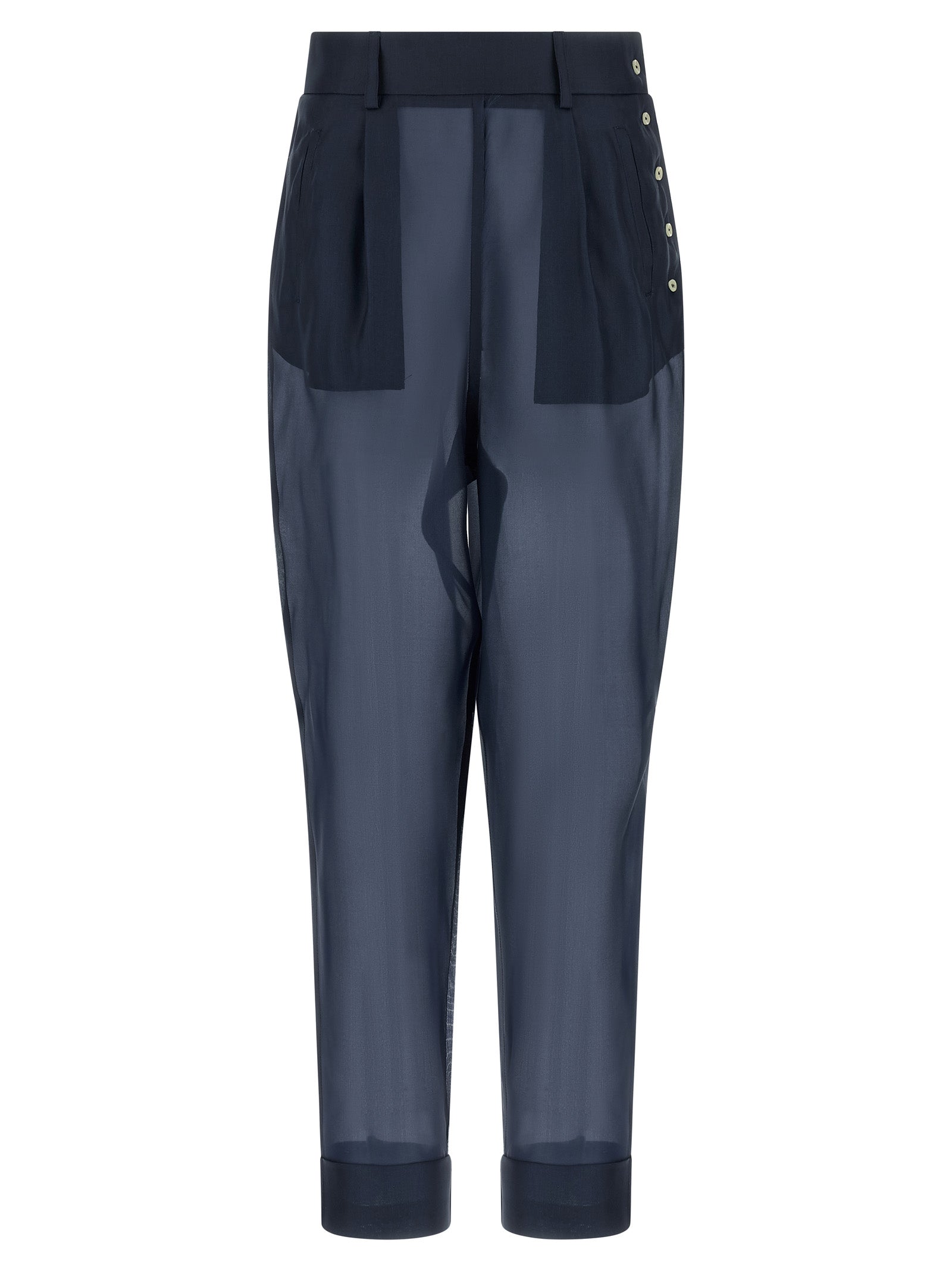 Trousers by MAISON JEJIA for women in silk blue, pearl & transparent features an sartorial silhouette, showcasing a precise and long with a sartorial high rise for a refined look.