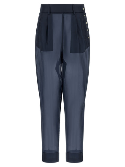 Trousers by MAISON JEJIA for women in silk blue, pearl & transparent features an sartorial silhouette, showcasing a precise and long with a sartorial high rise for a refined look.