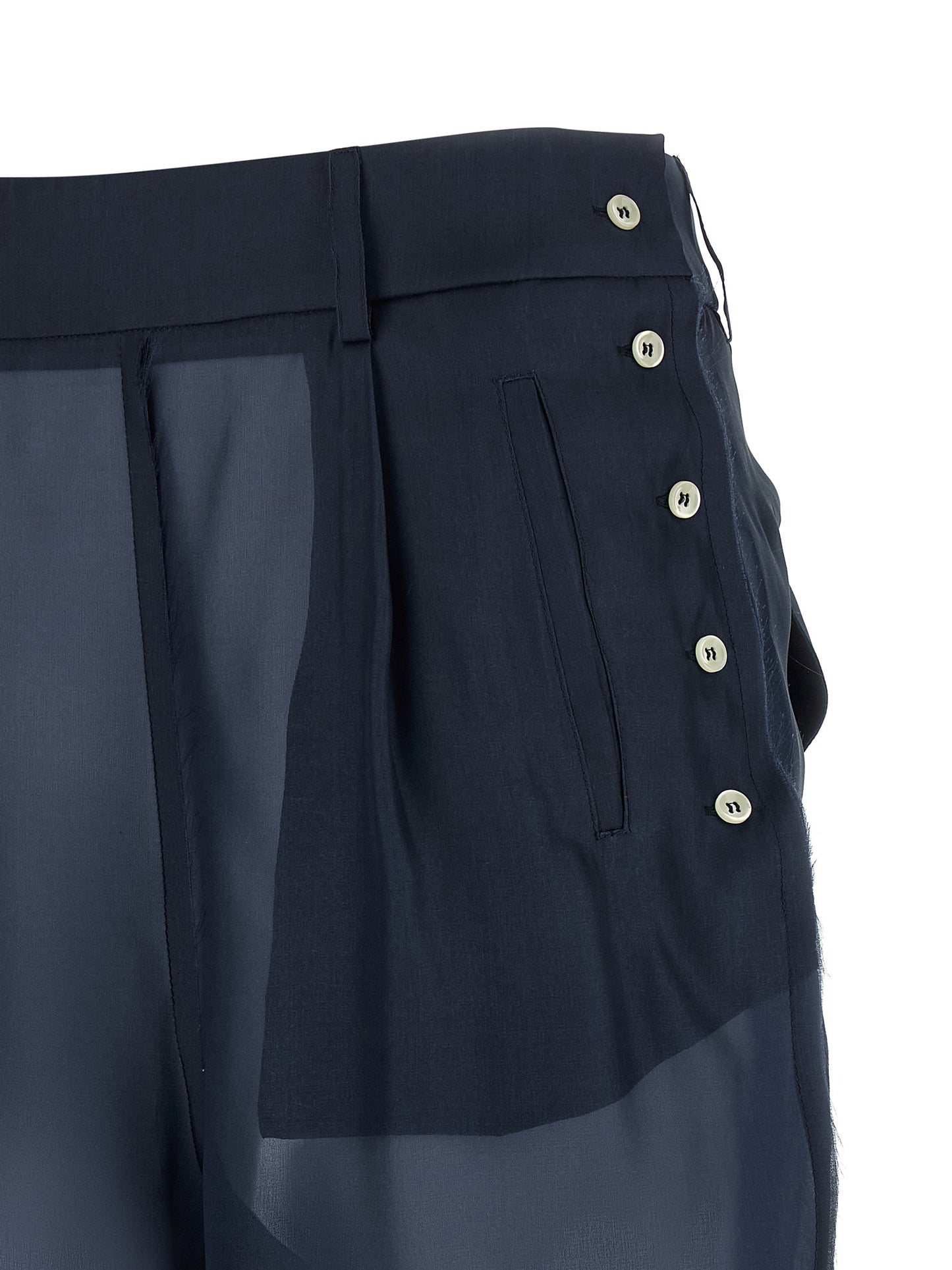 Trousers by MAISON JEJIA for women in silk blue, pearl & transparent features a sculptural silhouette, showcasing a sculptural and long with a sophisticated high rise for a sculptural finish.