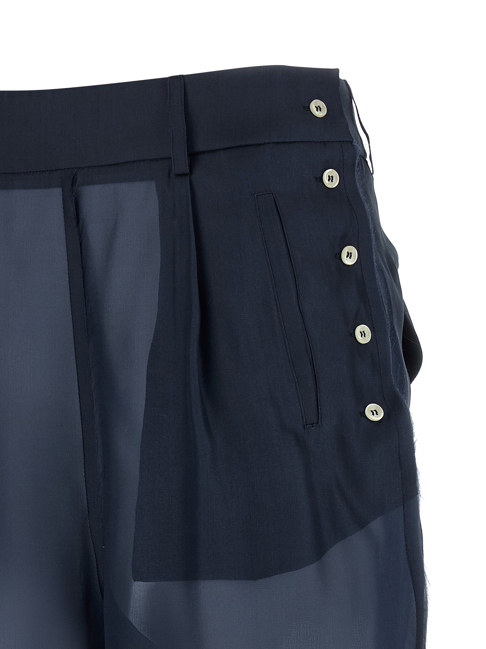 Trousers by MAISON JEJIA for women in silk blue, pearl & transparent features a sculptural silhouette, showcasing a sculptural and long with a sophisticated high rise for a sculptural finish.